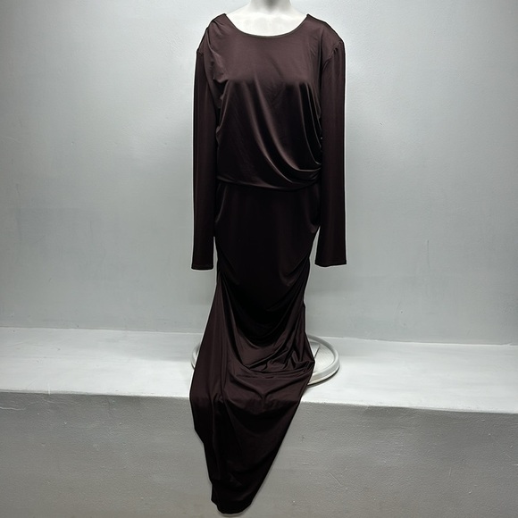 Veronica Beard Tristana Dress Asymmetrical Long Sleeve High Slit Brown Size 14 - Picture 2 of 11